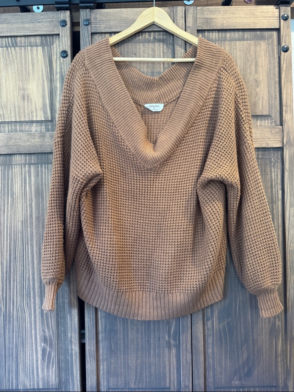 Zenana Cozy V-Neck Chunky Knit Sweater in Dark Camel